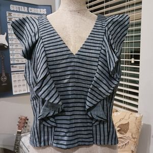 Ace & Jig Black-Striped Blue Sleeveless Ruffle Blouse